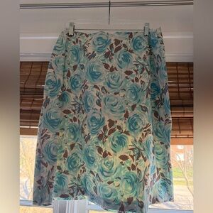 Boden Women's A-Line Floral Skirt in Aqua and Brown
